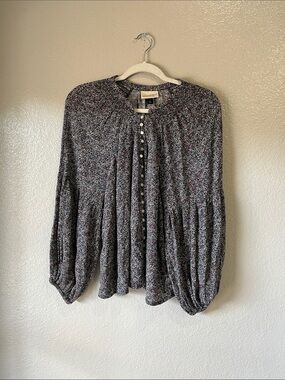 Universal Thread Black Multi-Print Button-Up Peasant Blouse Sz M Cottage core